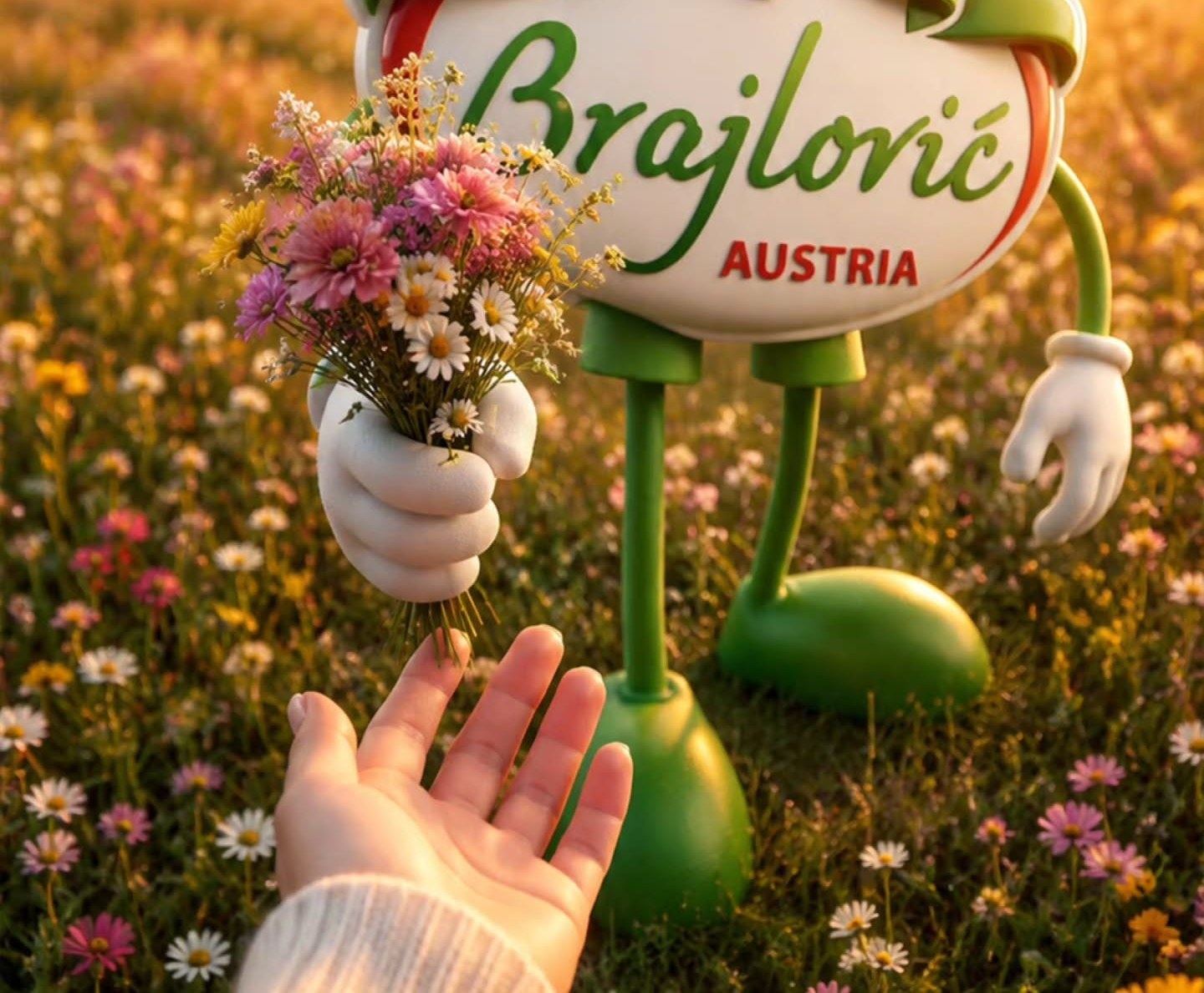 Brajlović-Maskottchen überreicht einen Blumenstrauß auf einer Wiese
