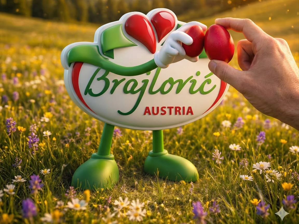 Brajlović-Maskottchen mit Herz auf einer Frühlingswiese